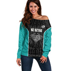 Custom New Zealand Stingray Oztag Off Shoulder Sweater Tag Rugby Maori Pattern Black Version