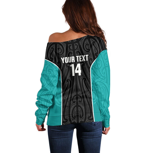 Custom New Zealand Stingray Oztag Off Shoulder Sweater Tag Rugby Maori Pattern Black Version