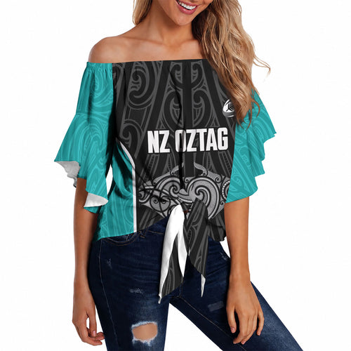 Custom New Zealand Stingray Oztag Off Shoulder Wrap Waist Top Tag Rugby Maori Pattern Black Version