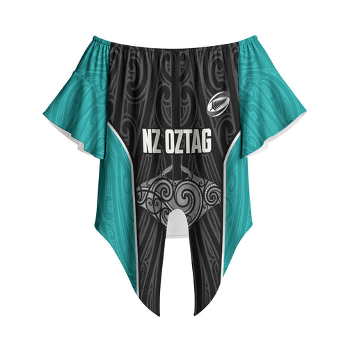 Custom New Zealand Stingray Oztag Off Shoulder Wrap Waist Top Tag Rugby Maori Pattern Black Version