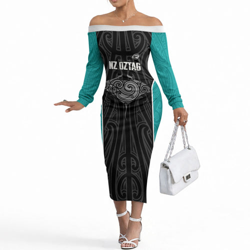 Custom New Zealand Stingray Oztag Off The Shoulder Long Sleeve Dress Tag Rugby Maori Pattern Black Version