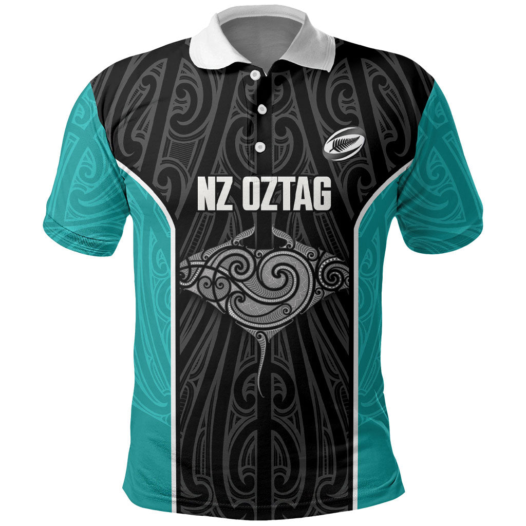 Custom New Zealand Stingray Oztag Polo Shirt Tag Rugby Maori Pattern Black Version