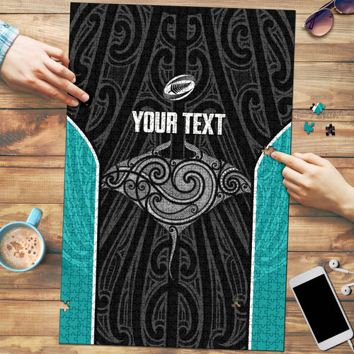 Custom New Zealand Stingray Oztag Puzzle Tag Rugby Maori Pattern Black Version