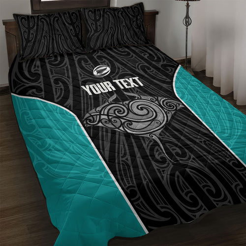 Custom New Zealand Stingray Oztag Quilt Bed Set Tag Rugby Maori Pattern Black Version