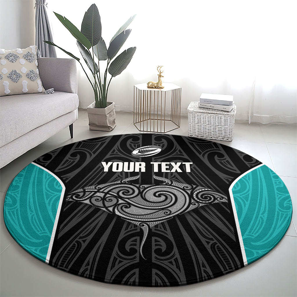 Custom New Zealand Stingray Oztag Round Carpet Tag Rugby Maori Pattern Black Version