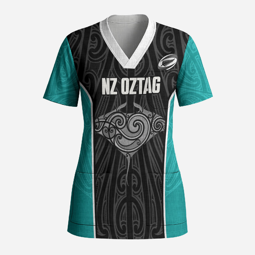 Custom New Zealand Stingray Oztag Scrub Top Tag Rugby Maori Pattern Black Version