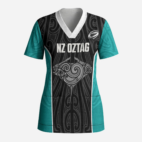 Custom New Zealand Stingray Oztag Scrub Top Tag Rugby Maori Pattern Black Version
