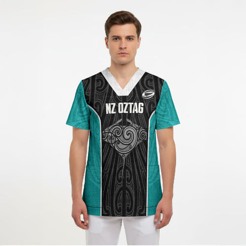 Custom New Zealand Stingray Oztag Scrub Top Tag Rugby Maori Pattern Black Version