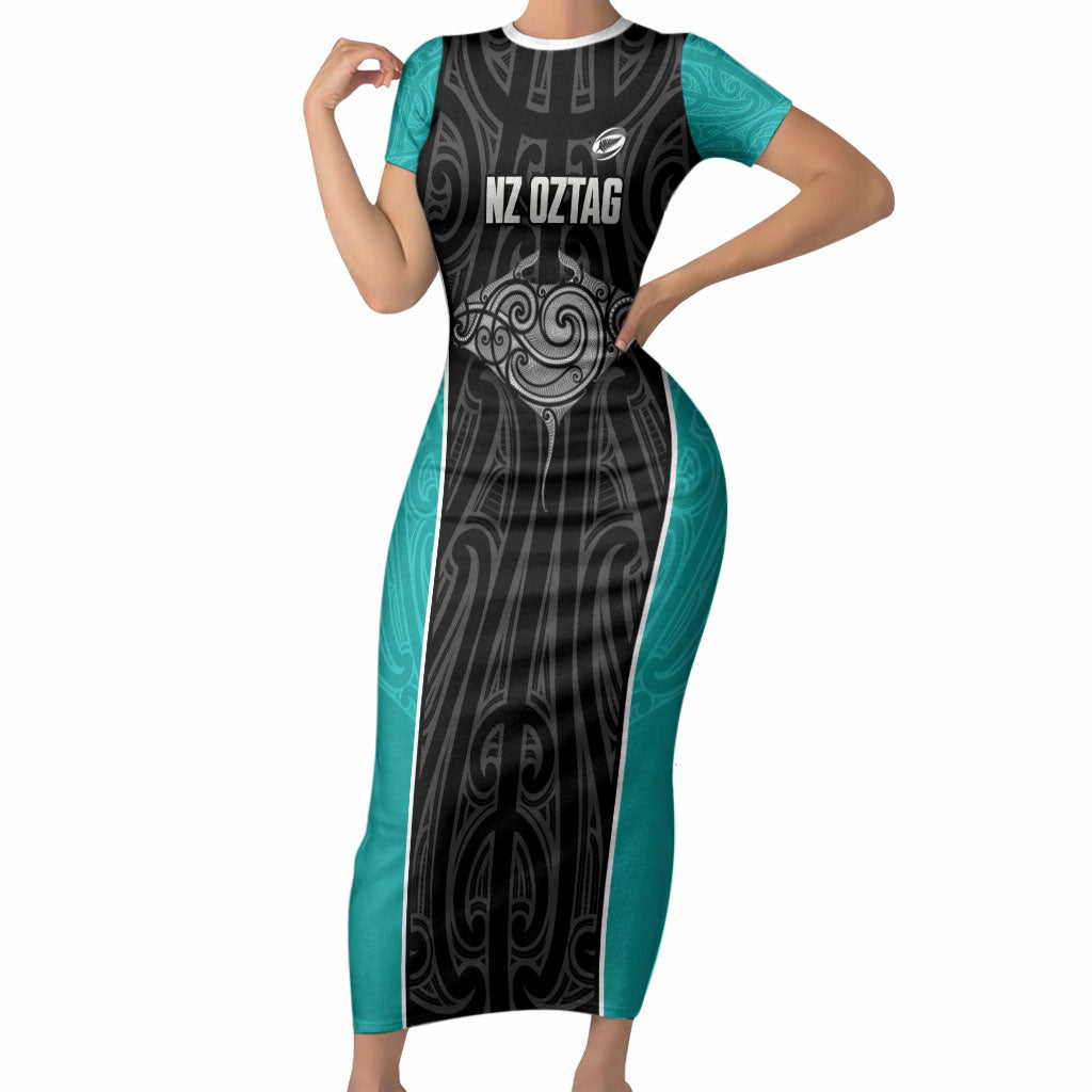 Custom New Zealand Stingray Oztag Short Sleeve Bodycon Dress Tag Rugby Maori Pattern Black Version