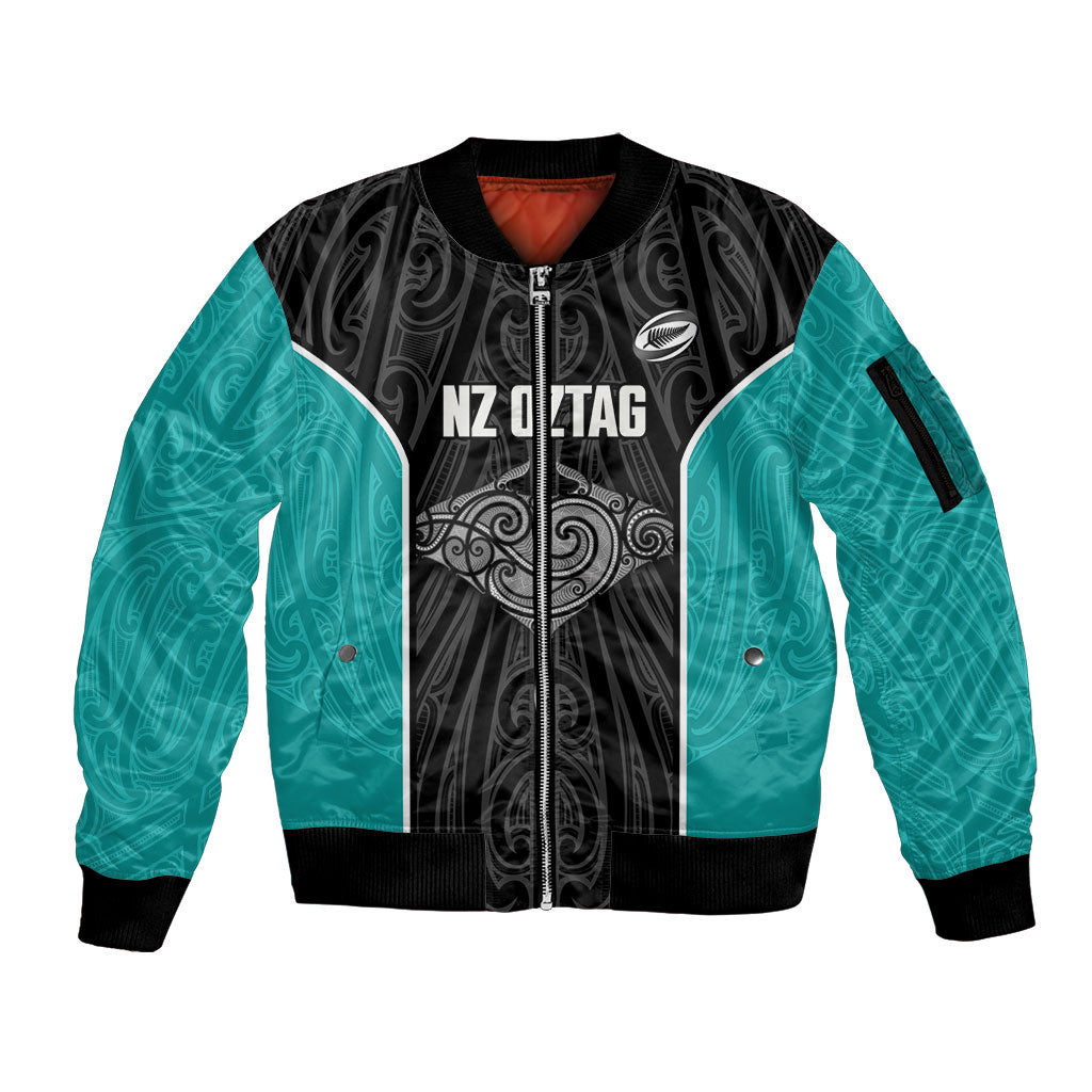 Custom New Zealand Stingray Oztag Sleeve Zip Bomber Jacket Tag Rugby Maori Pattern Black Version
