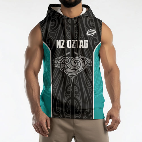 Custom New Zealand Stingray Oztag Sleeveless Hoodie Tag Rugby Maori Pattern Black Version