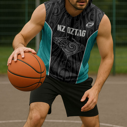 Custom New Zealand Stingray Oztag Sleeveless Hoodie Tag Rugby Maori Pattern Black Version
