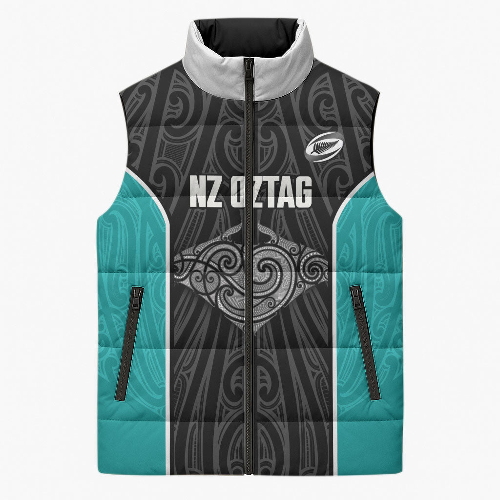 Custom New Zealand Stingray Oztag Sleeveless Puffer Jacket Tag Rugby Maori Pattern Black Version