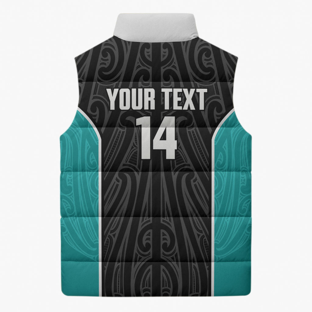 Custom New Zealand Stingray Oztag Sleeveless Puffer Jacket Tag Rugby Maori Pattern Black Version