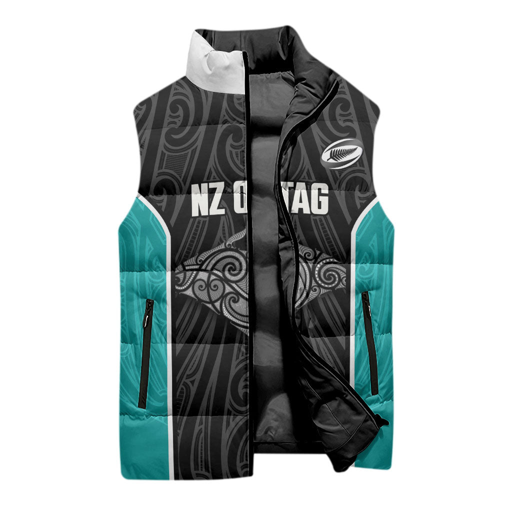 Custom New Zealand Stingray Oztag Sleeveless Puffer Jacket Tag Rugby Maori Pattern Black Version