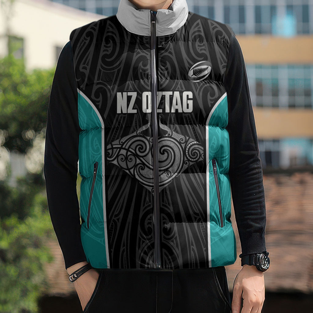 Custom New Zealand Stingray Oztag Sleeveless Puffer Jacket Tag Rugby Maori Pattern Black Version