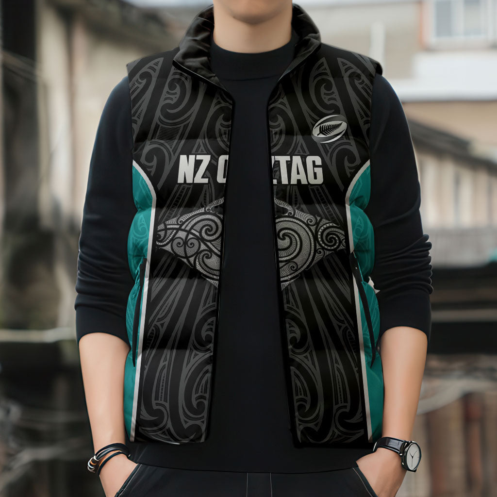 Custom New Zealand Stingray Oztag Sleeveless Puffer Jacket Tag Rugby Maori Pattern Black Version