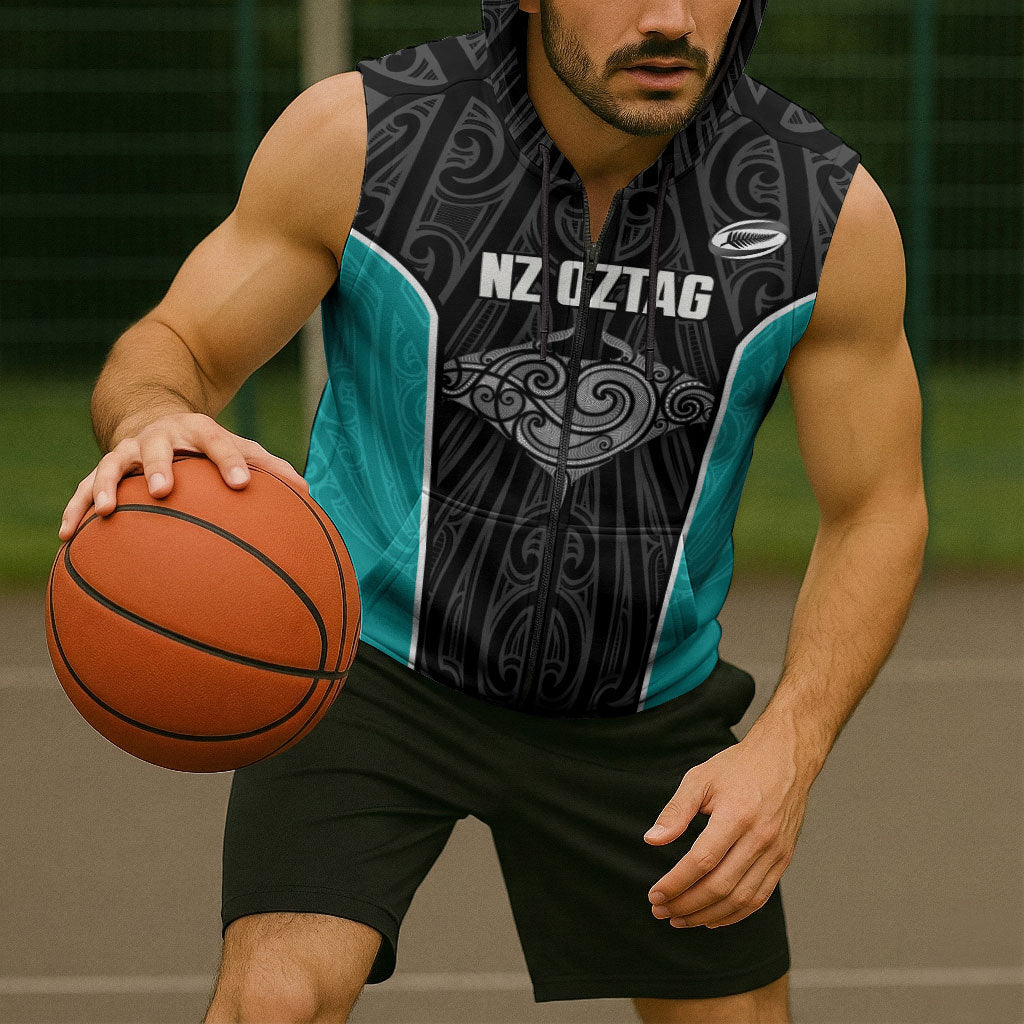 Custom New Zealand Stingray Oztag Sleeveless Zip Hoodie Tag Rugby Maori Pattern Black Version