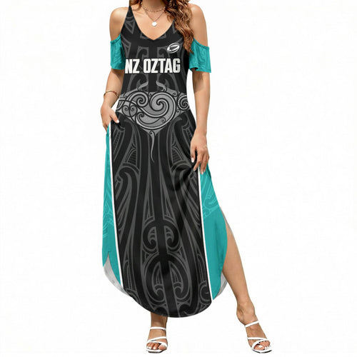 Custom New Zealand Stingray Oztag Summer Maxi Dress Tag Rugby Maori Pattern Black Version