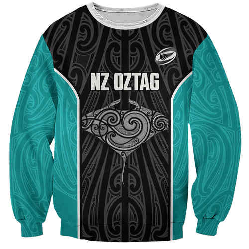 Custom New Zealand Stingray Oztag Sweatshirt Tag Rugby Maori Pattern Black Version