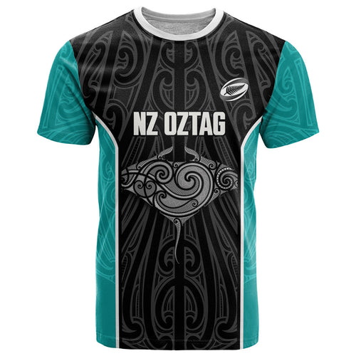 Custom New Zealand Stingray Oztag T Shirt Tag Rugby Maori Pattern Black Version