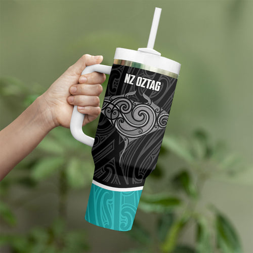 Custom New Zealand Stingray Oztag Tumbler With Handle Tag Rugby Maori Pattern Black Version