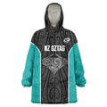 Custom New Zealand Stingray Oztag Wearable Blanket Hoodie Tag Rugby Maori Pattern Black Version