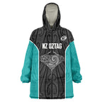 Custom New Zealand Stingray Oztag Wearable Blanket Hoodie Tag Rugby Maori Pattern Black Version