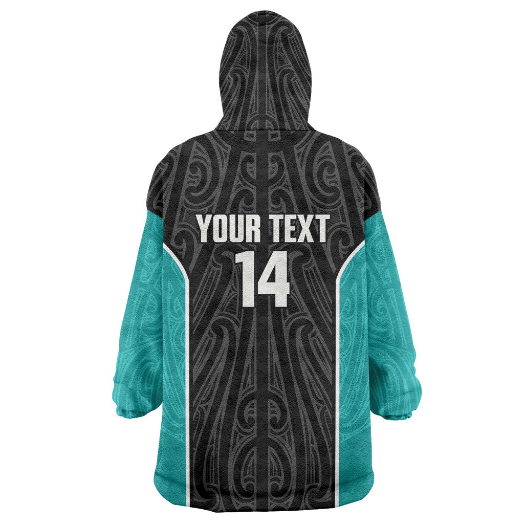 Custom New Zealand Stingray Oztag Wearable Blanket Hoodie Tag Rugby Maori Pattern Black Version