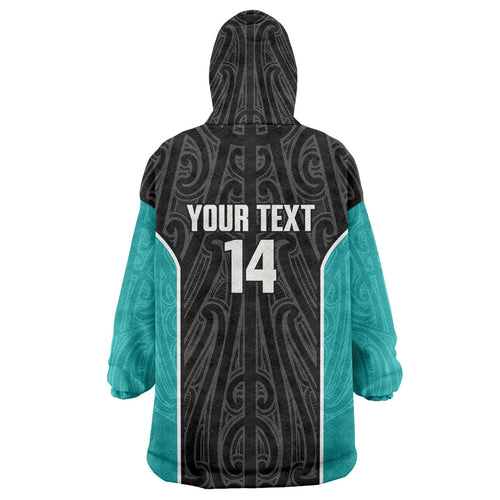 Custom New Zealand Stingray Oztag Wearable Blanket Hoodie Tag Rugby Maori Pattern Black Version