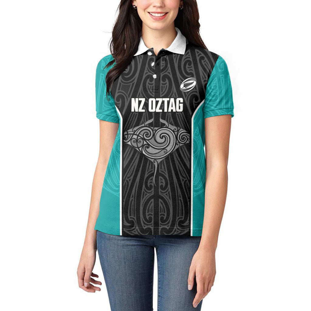 Custom New Zealand Stingray Oztag Women Polo Shirt Tag Rugby Maori Pattern Black Version