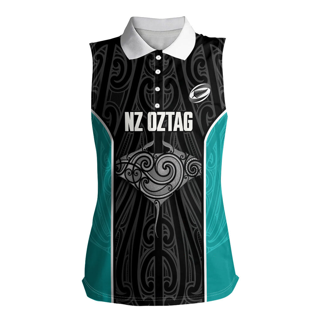 Custom New Zealand Stingray Oztag Women Sleeveless Polo Shirt Tag Rugby Maori Pattern Black Version