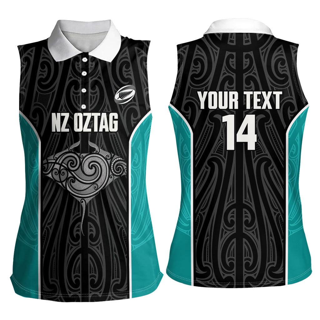 Custom New Zealand Stingray Oztag Women Sleeveless Polo Shirt Tag Rugby Maori Pattern Black Version