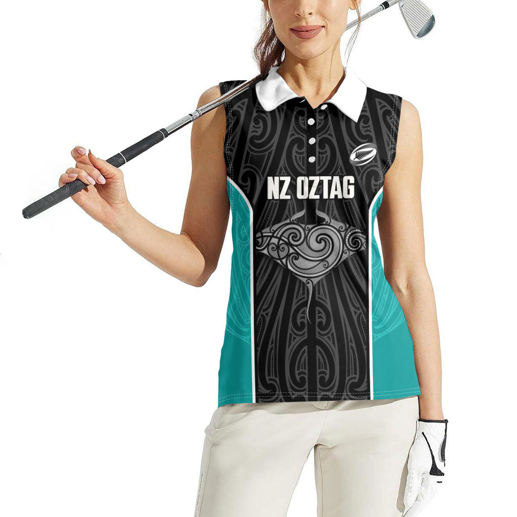 Custom New Zealand Stingray Oztag Women Sleeveless Polo Shirt Tag Rugby Maori Pattern Black Version