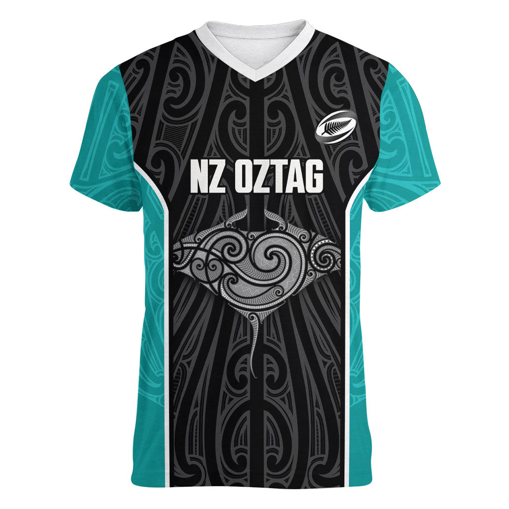 Custom New Zealand Stingray Oztag Women V-Neck T-Shirt Tag Rugby Maori Pattern Black Version