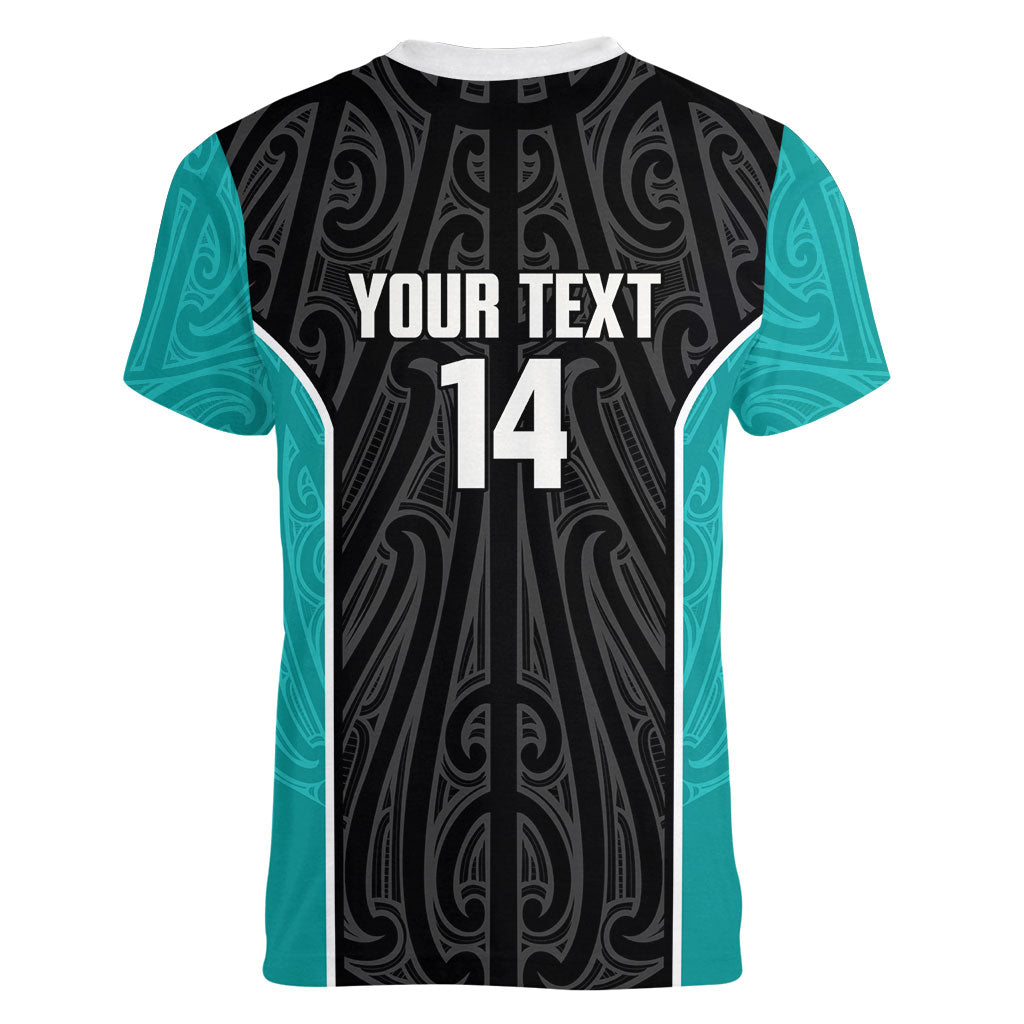 Custom New Zealand Stingray Oztag Women V-Neck T-Shirt Tag Rugby Maori Pattern Black Version
