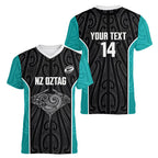 Custom New Zealand Stingray Oztag Women V-Neck T-Shirt Tag Rugby Maori Pattern Black Version