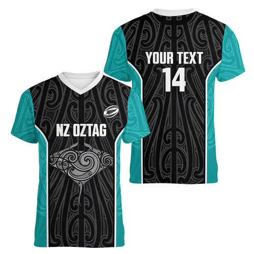 Custom New Zealand Stingray Oztag Women V-Neck T-Shirt Tag Rugby Maori Pattern Black Version