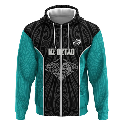 Custom New Zealand Stingray Oztag Zip Hoodie Tag Rugby Maori Pattern Black Version
