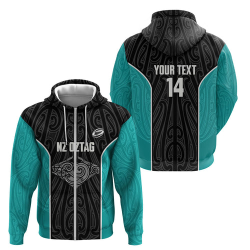 Custom New Zealand Stingray Oztag Zip Hoodie Tag Rugby Maori Pattern Black Version