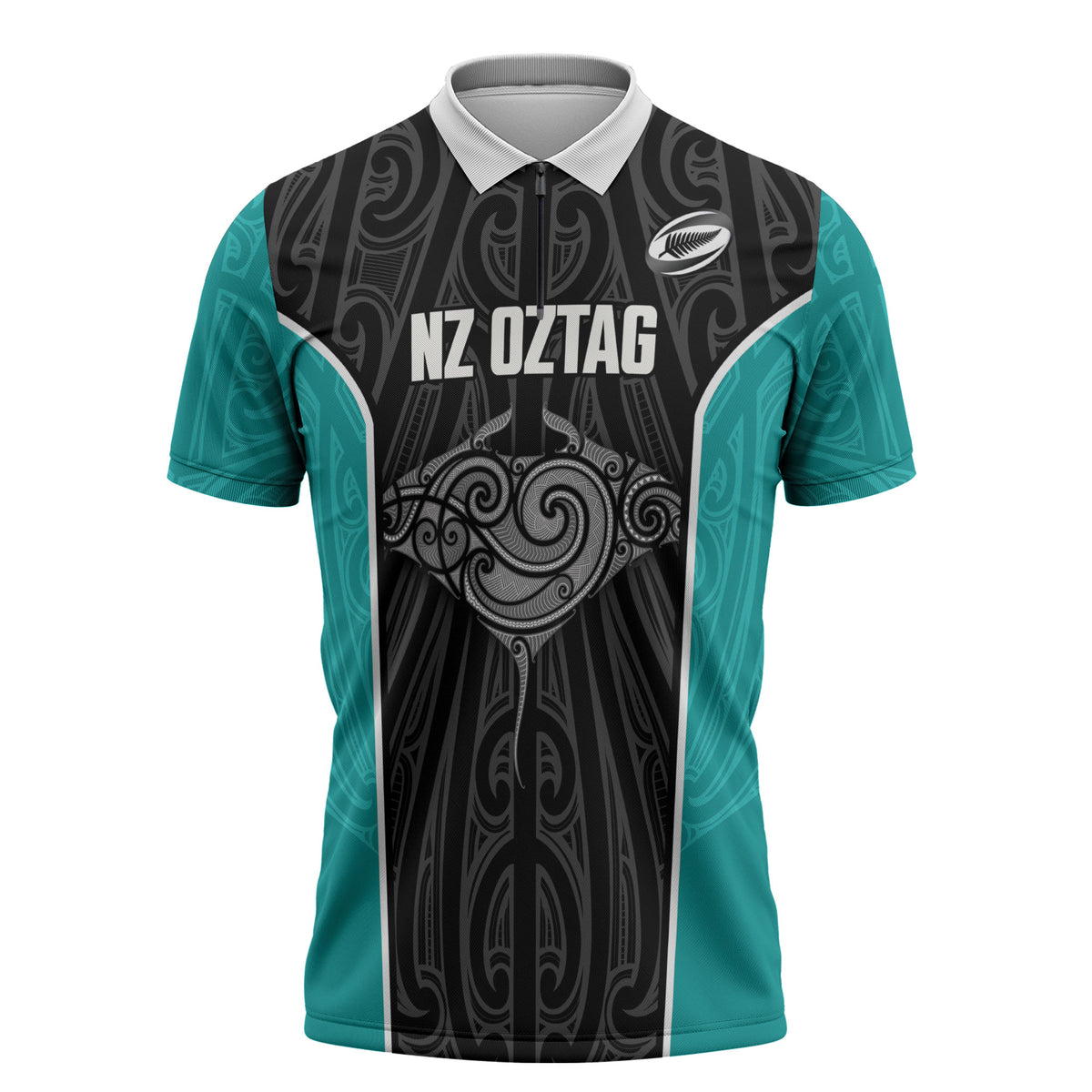 Custom New Zealand Stingray Oztag Zipper Polo Shirt Tag Rugby Maori Pattern Black Version