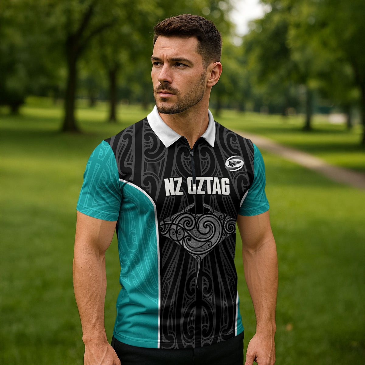 Custom New Zealand Stingray Oztag Zipper Polo Shirt Tag Rugby Maori Pattern Black Version
