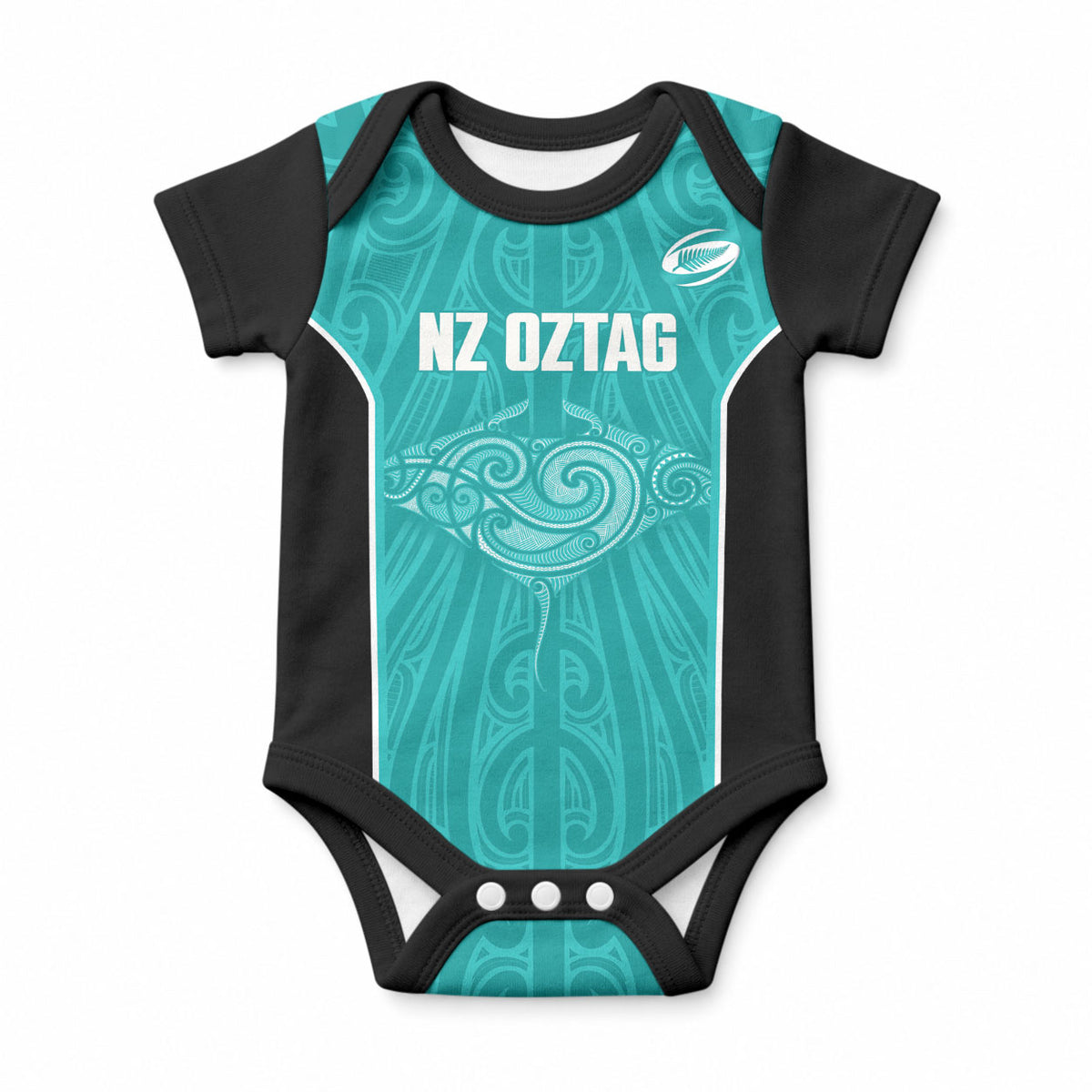 Custom New Zealand Stingray Oztag Baby Onesie Tag Rugby Maori Pattern Teal Version