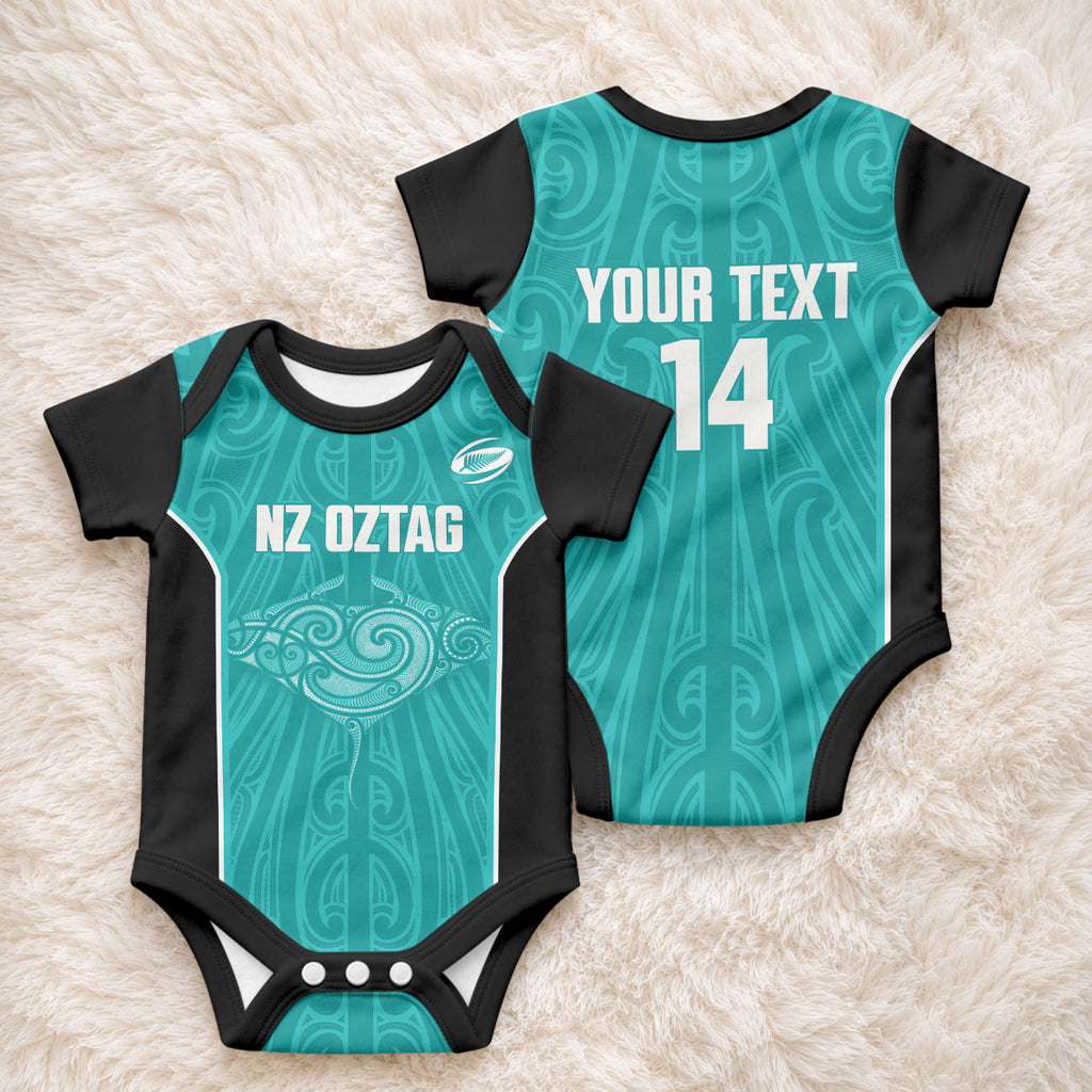 Custom New Zealand Stingray Oztag Baby Onesie Tag Rugby Maori Pattern Teal Version