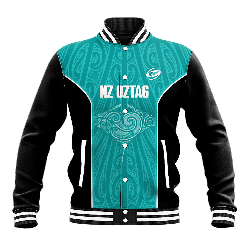 Custom New Zealand Stingray Oztag Baseball Jacket Tag Rugby Maori Pattern Teal Version