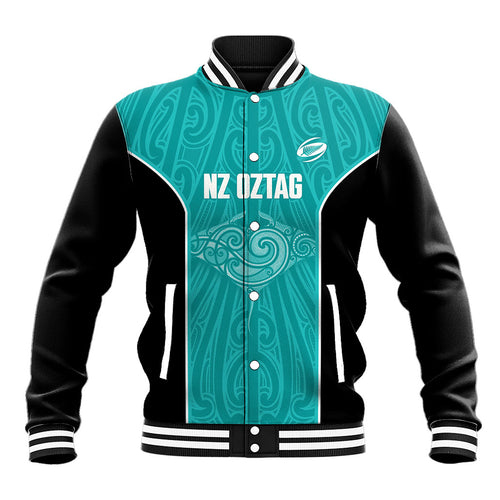 Custom New Zealand Stingray Oztag Baseball Jacket Tag Rugby Maori Pattern Teal Version