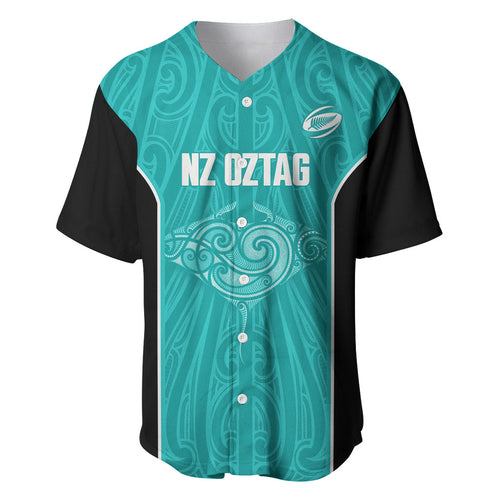 Custom New Zealand Stingray Oztag Baseball Jersey Tag Rugby Maori Pattern Teal Version