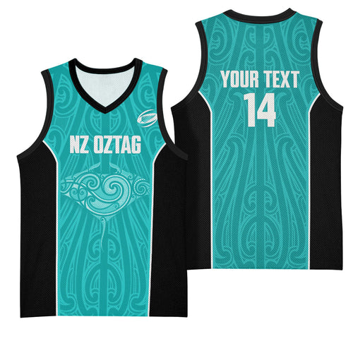Custom New Zealand Stingray Oztag Basketball Jersey Tag Rugby Maori Pattern Teal Version