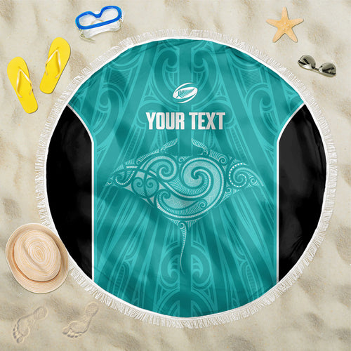 Custom New Zealand Stingray Oztag Beach Blanket Tag Rugby Maori Pattern Teal Version