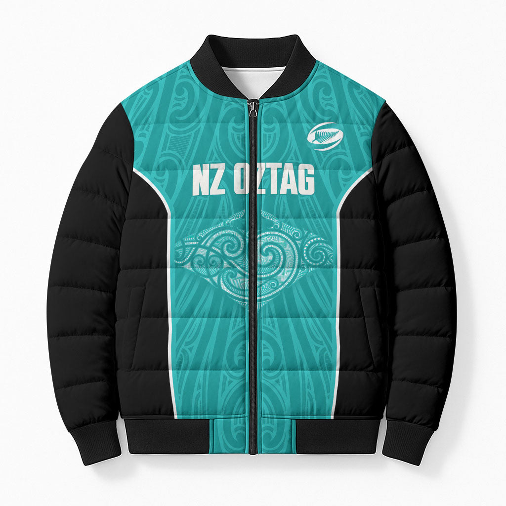 Custom New Zealand Stingray Oztag Bomber Puffer Jacket Tag Rugby Maori Pattern Teal Version